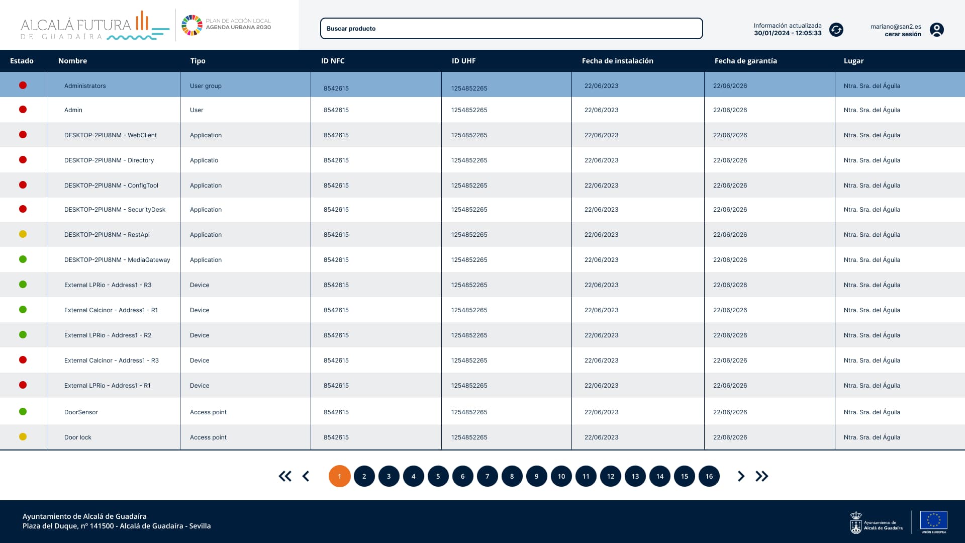 Listado del inventario de equipos con búsqueda, paginación e indicadores de estado
