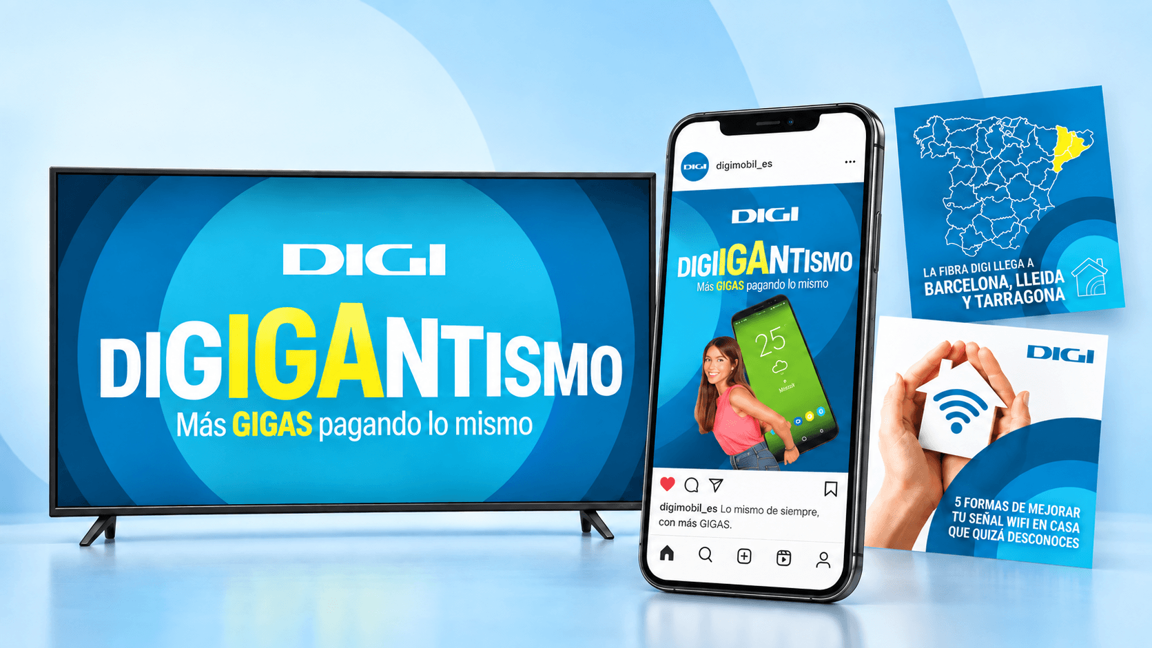 Campaña «DIGIgantismo» de DIGI en televisión y en Instagram, junto a piezas para redes sociales