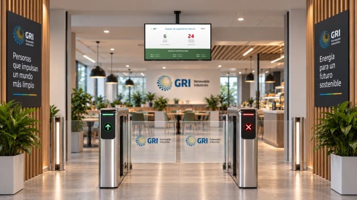 Entrada a la cafetería con tornos de acceso y la pantalla de aforo