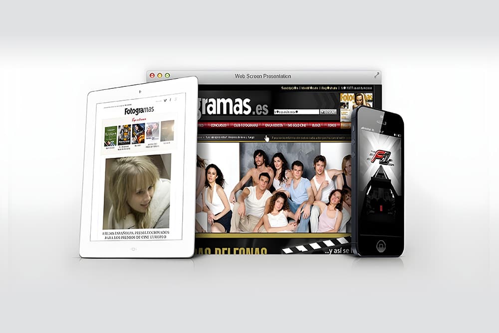 Web de Fotogramas en ordenador y tablet, junto a una app en un móvil