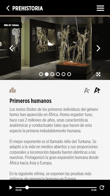Ficha de «Primeros humanos» con galería, tamaño de letra y audioguía