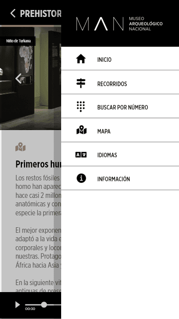 Menú: inicio, recorridos, buscar por número, mapa, idiomas e información