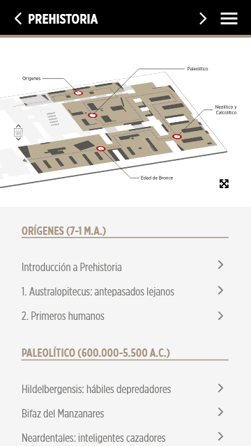 Plano de la sala de Prehistoria con la lista de vitrinas