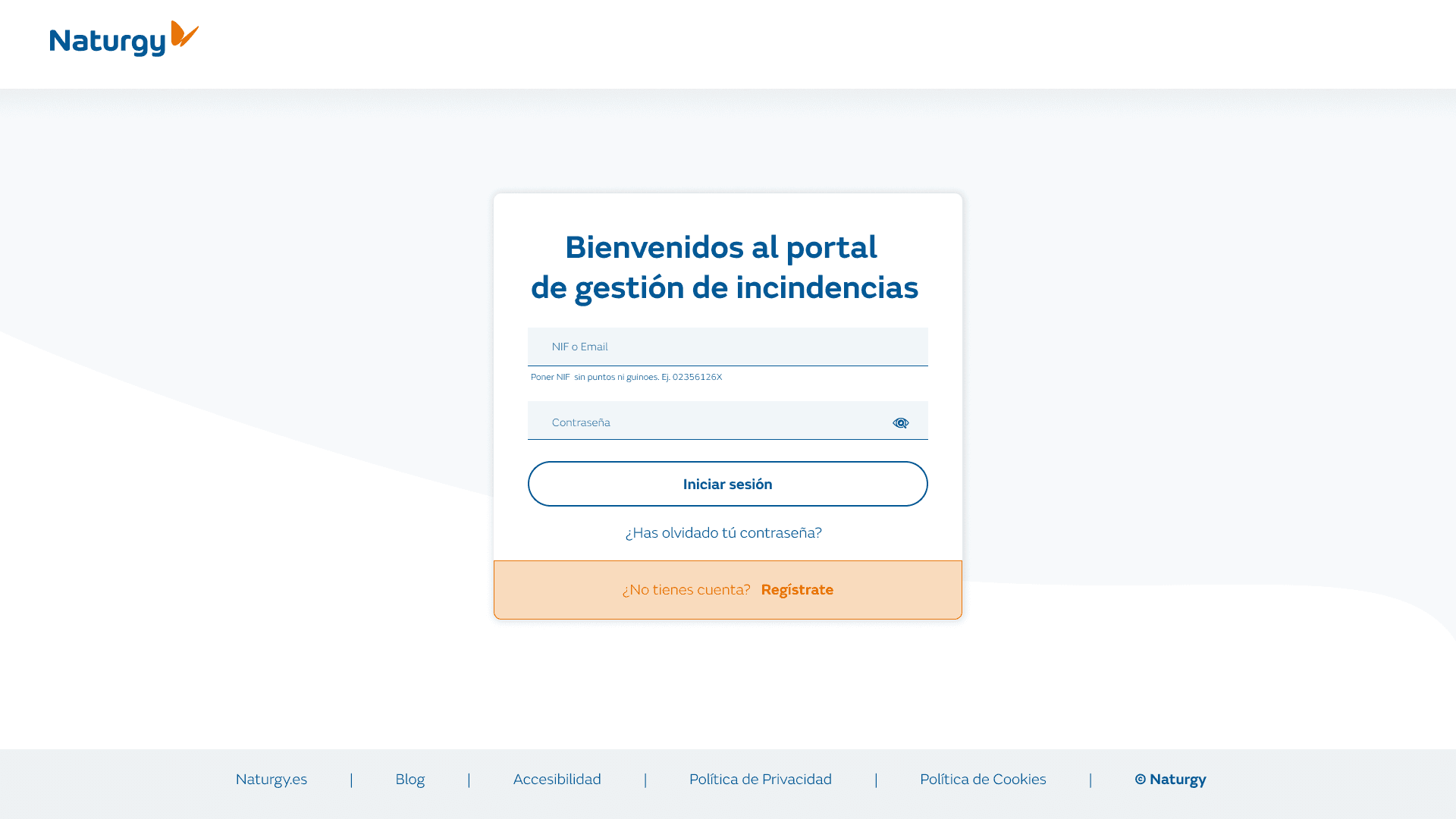 Pantalla de acceso al portal de gestión de incidencias