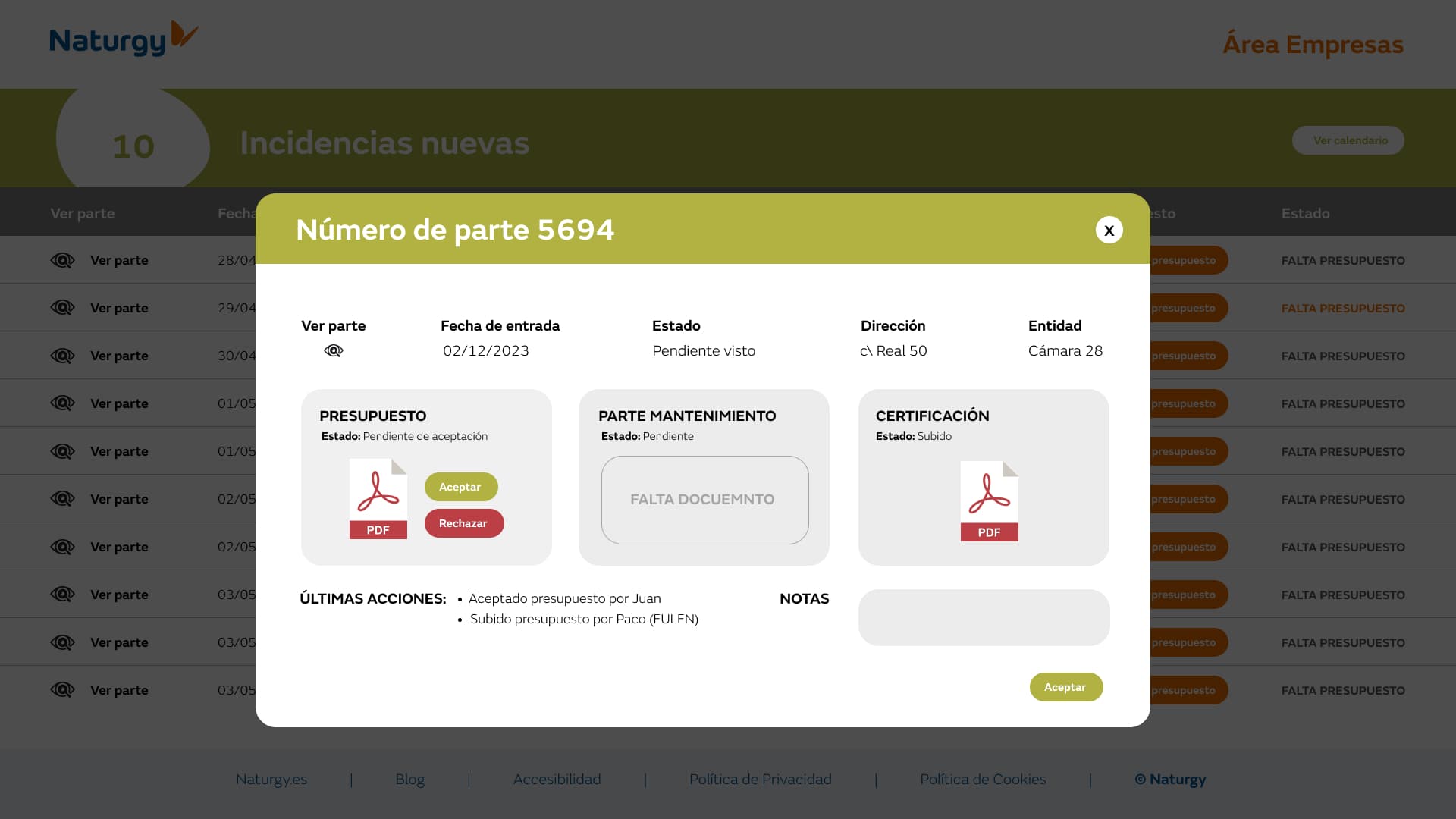 Ficha de un parte con presupuesto, parte de mantenimiento y certificación en PDF