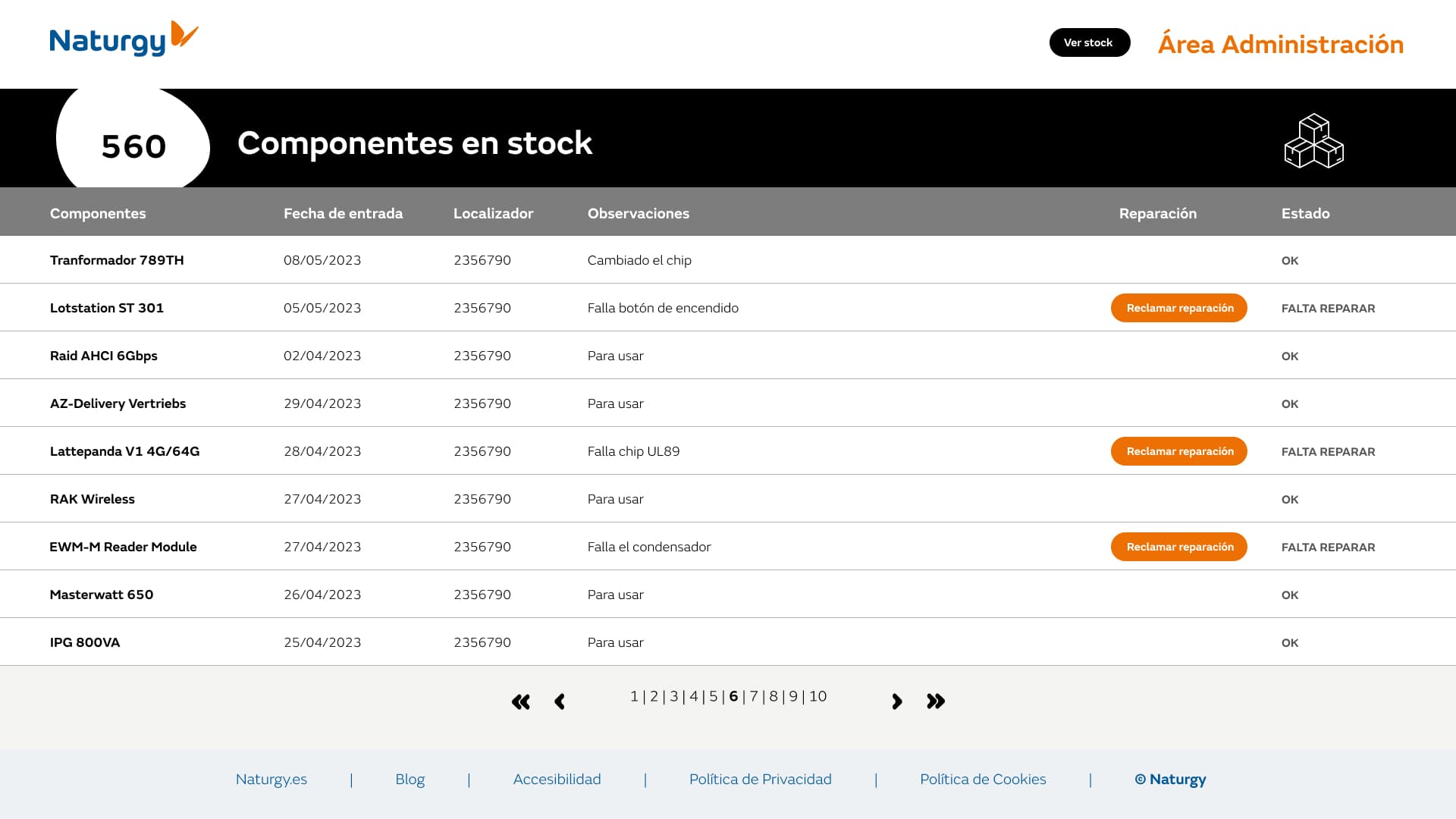 Área de administración con los componentes en stock y su estado de reparación