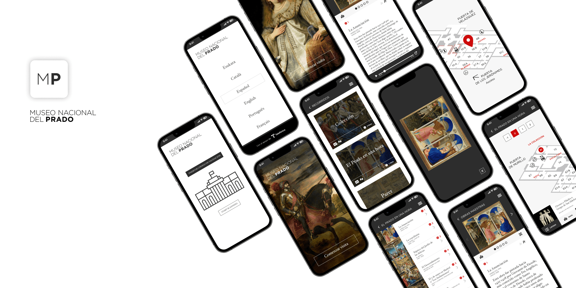 Pantallas de la app del Museo del Prado: idiomas, inicio, recorridos, ficha de obra y plano