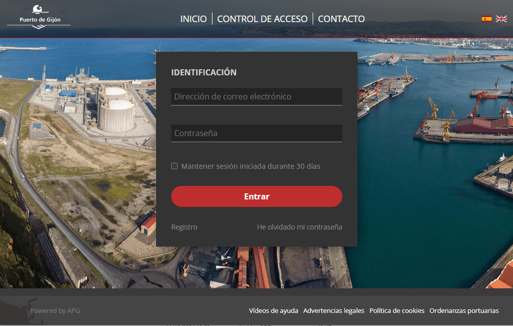 Pantalla de identificación de la web de control de acceso de visitantes del Puerto de Gijón