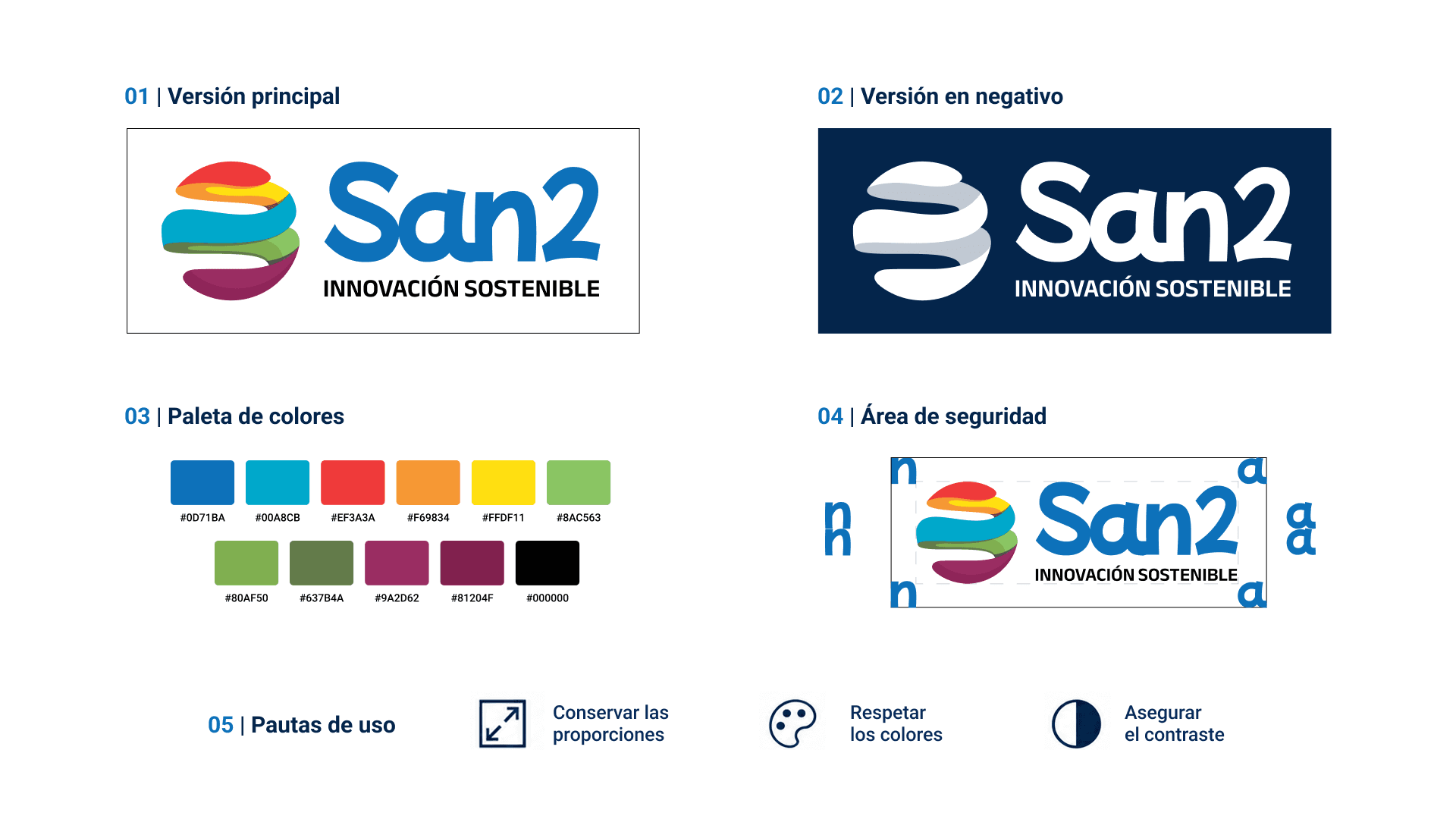 Guía de estilo de San2: versión principal, versión en negativo, paleta de colores y área de seguridad